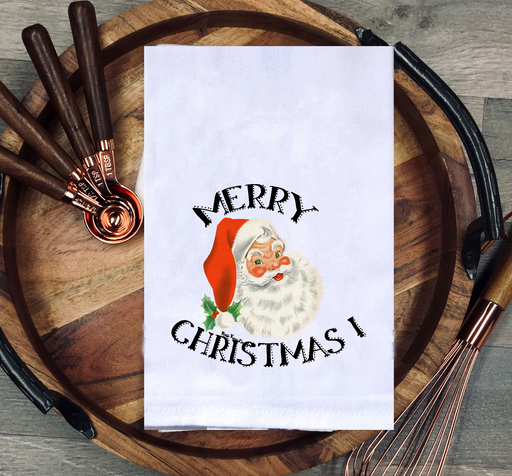 Retro Santa Wishes Merry Christmas Kitchen Towel - Festive Cotton Dish Towel