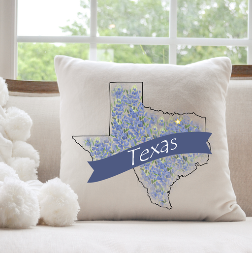 Texas Banner with Bluebonnets Cotton Throw Pillow 20 x 20 inches
