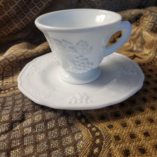 Indiana Glass Harvest Grape Footed Tea Cup & Saucer Milk Glass Vintage/1950’s